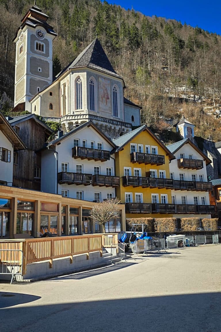 Catholic church in Hallstatt from below