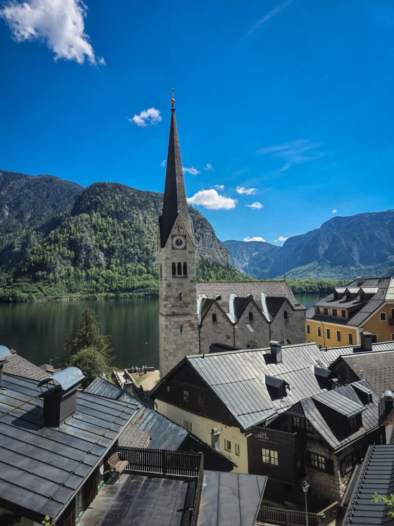 the protestant church of christ on lake hallstatt from afar