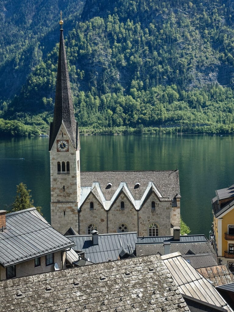 Hallstatt church on the lake from above